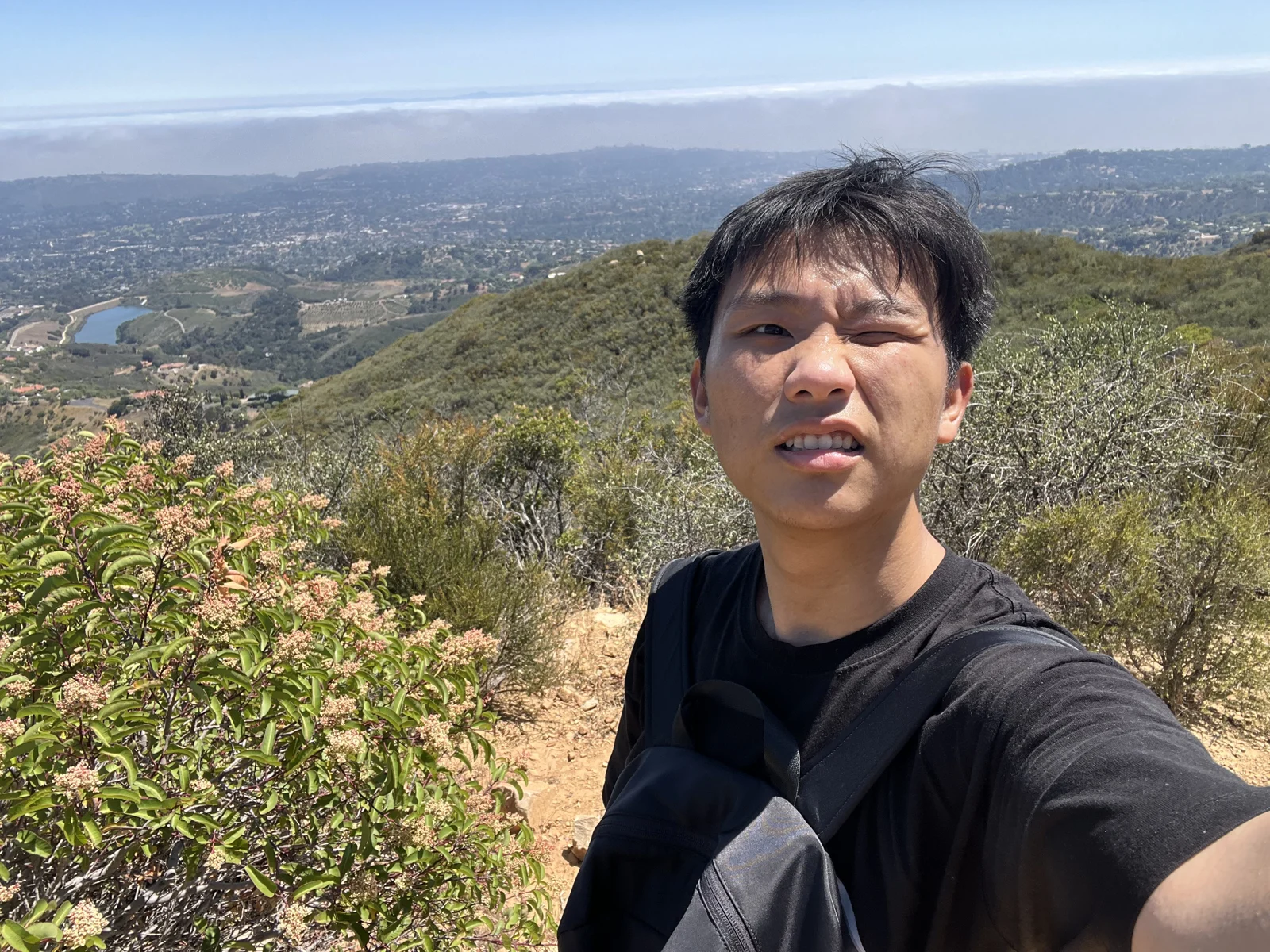 Tony outdoors on a hillside with a broad view behind him